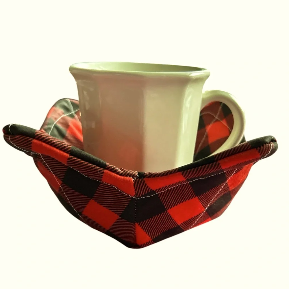 Hand Crafted Red Buffalo Plaid Microwave Bowl Cozy 100% Cotton